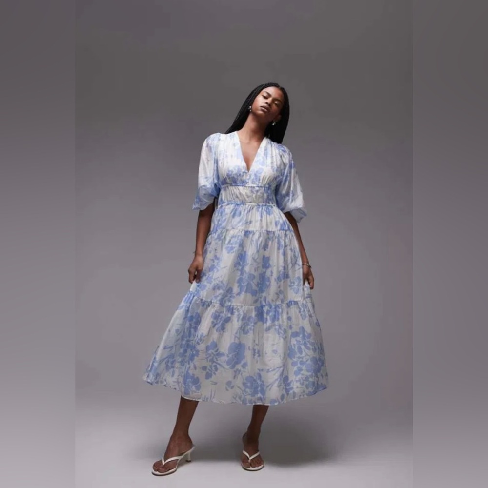 & Other Stories midi maxi dress with volume sleeves blue floral print Size US L
